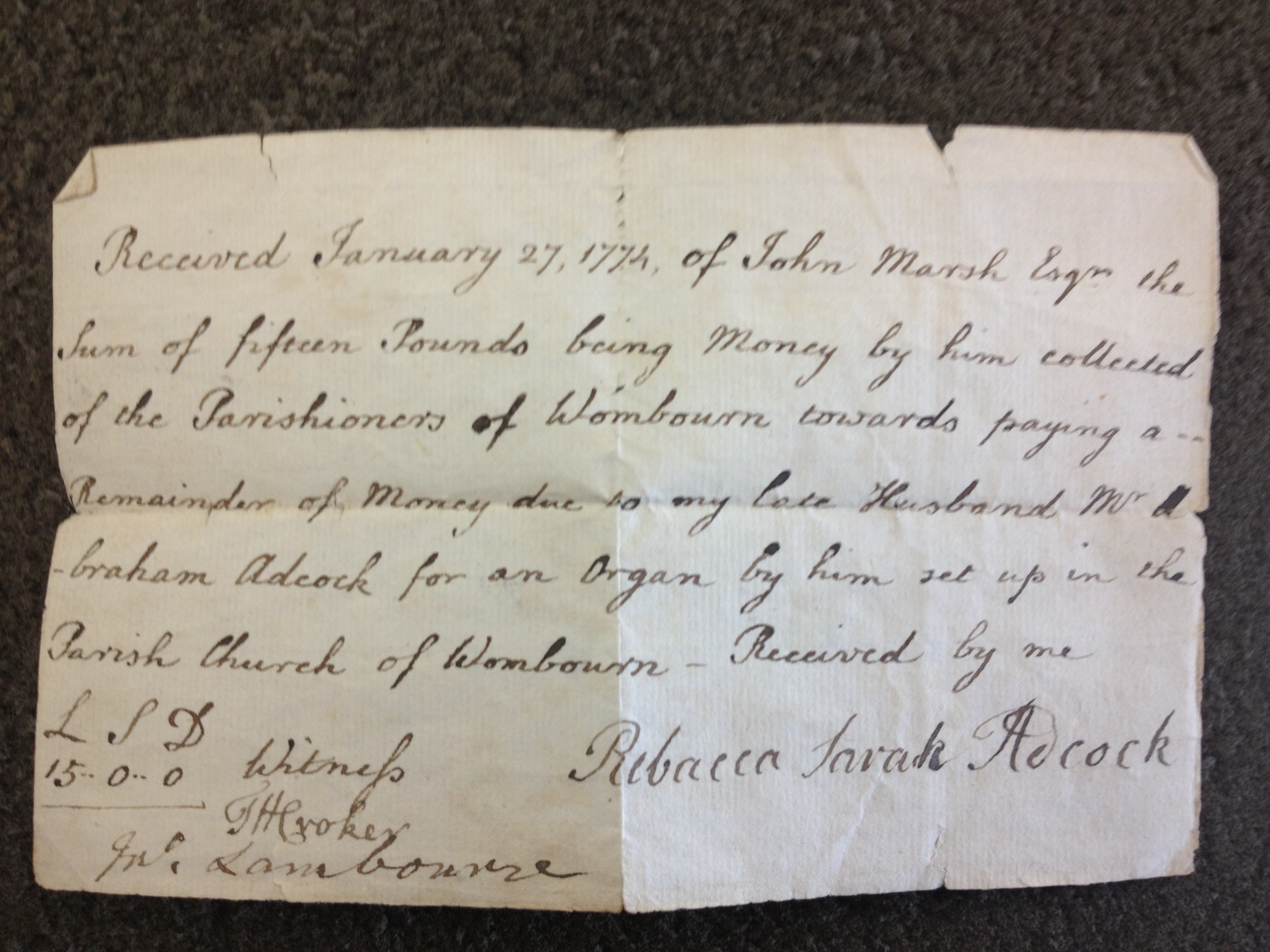 Rebecca Sarah Adcock to John Marsh. Receipt of payment for Wombourne Parish Church Organ, 27th January 1774.